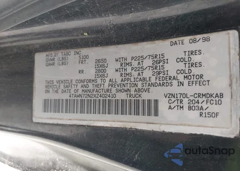 1999 Toyota Tacoma из США, поврежденный, VIN 4TAWN72N2XZ402410